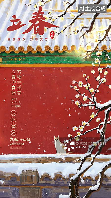 【AI数字艺术】冬天故宫红墙屋檐上行走的猫雪景插画，冬天盛开的腊梅，中式建筑园林庭院二十四节气图片素材