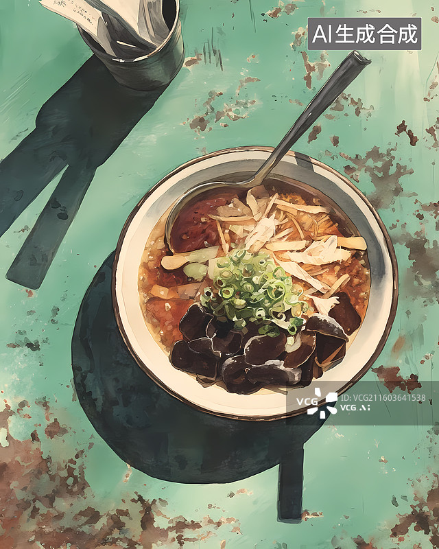【AI数字艺术】鸡肉蘑菇粥插画图片素材