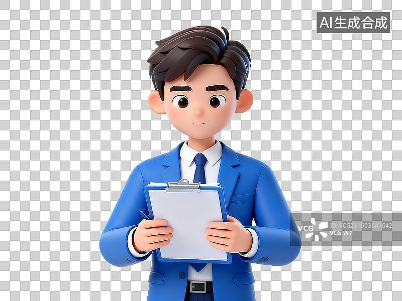 【AI数字艺术】招聘求职主题 穿蓝色西装的男性手持剪贴板图片素材