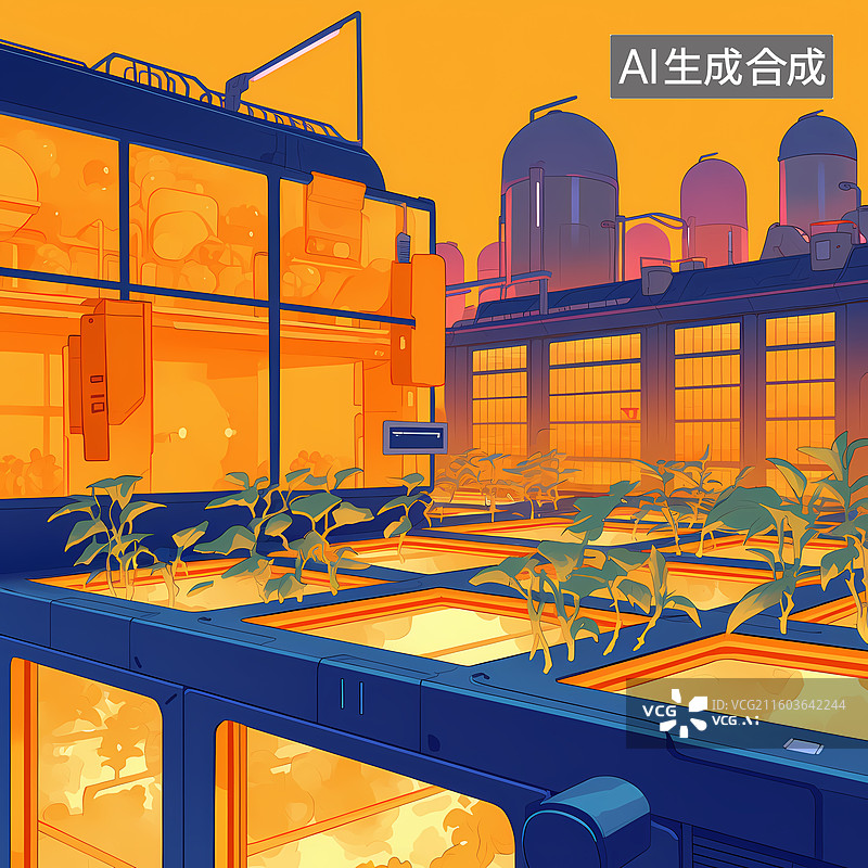 【AI数字艺术】黄色卡通水培农场插画图片素材