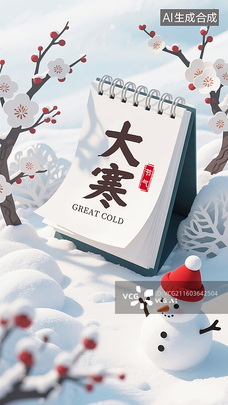 【AI数字艺术】3D渲染雪地的梅花和台历，二十四节气系列插画，堆雪人 竖版图片素材