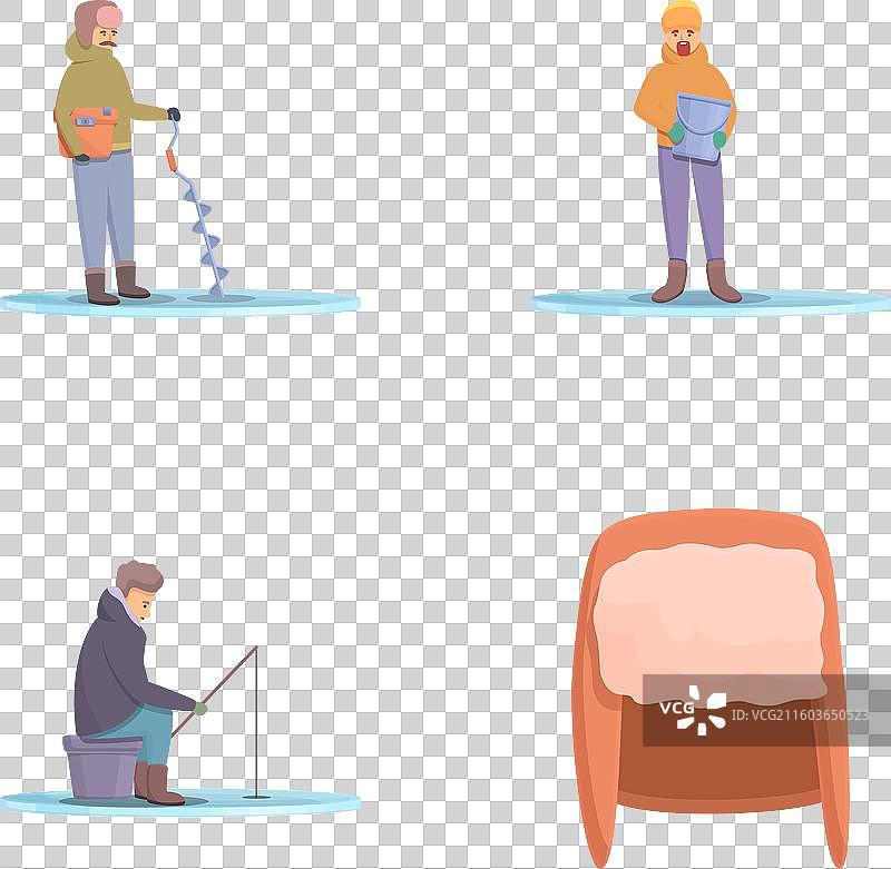 卡通风格的钓鱼爱好图标集，包含各种元素图片素材