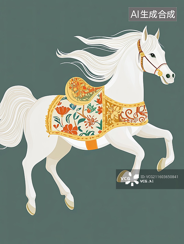 【AI数字艺术】白马披花毯奔跑图片素材