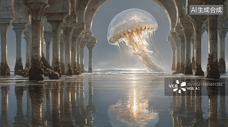 【AI数字艺术】巨型水母悬浮于古建筑拱廊图片素材