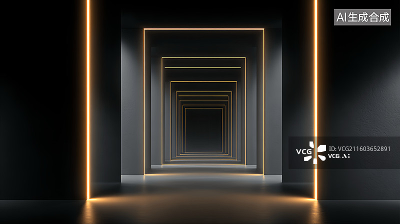 【AI数字艺术】黑金发光线条室内建筑空间抽象商务科技背景图片素材