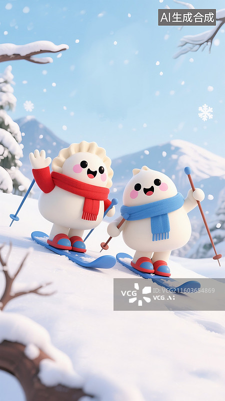 【AI数字艺术】二十四节气系列插画-冬天 冬至包汤圆包水饺 3D拟人的饺子和汤圆在雪山滑雪 冬天滑雪季节 竖图片素材