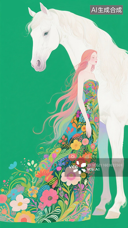 【AI数字艺术】牵着白马的美女，手绘穿鲜花长裙的长发女孩靠在白马旁边，马年繁花似锦新年贺图插画 竖版图片素材