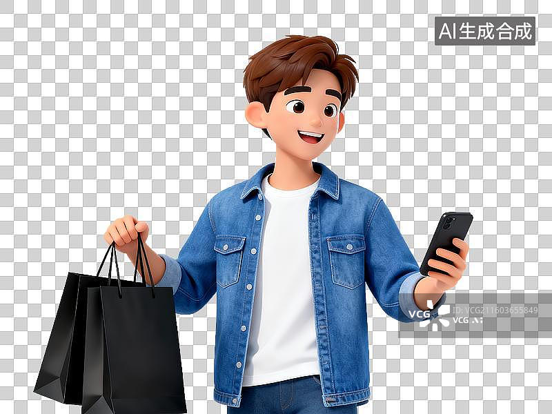 【AI数字艺术】电商购物 时尚人物 青年男子手持购物袋和手机图片素材