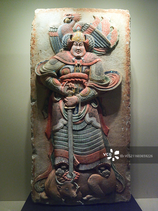 彩绘浮雕武士石刻 后梁 1994年河北曲阳王处置墓出土 中国国家博物馆“古代中国基本陈列”图片素材
