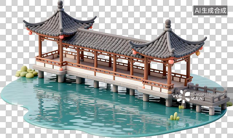 【AI数字艺术】中国古代建筑-水榭-三维卡通风格插画免抠元素图片素材