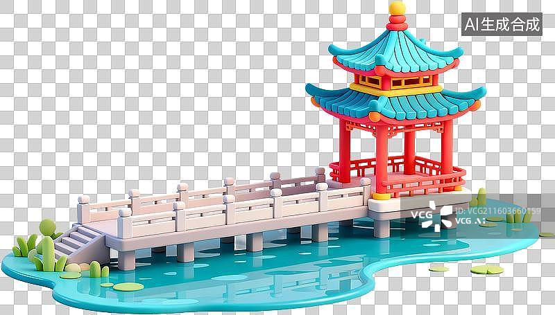 【AI数字艺术】中国古代建筑-水榭-三维卡通风格插画免抠元素图片素材