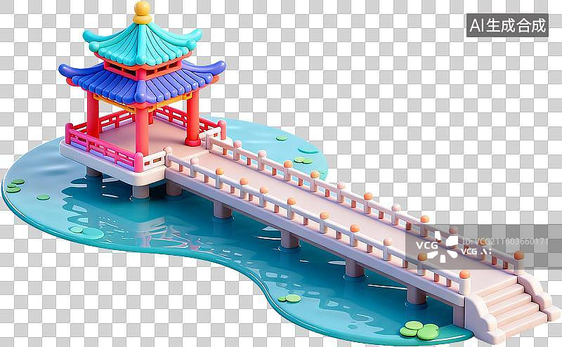 【AI数字艺术】中国古代建筑-水榭-三维卡通风格插画免抠元素图片素材
