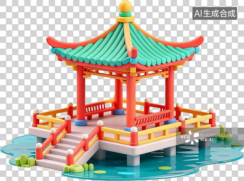 【AI数字艺术】中国古代建筑-水榭-三维卡通风格插画免抠元素图片素材
