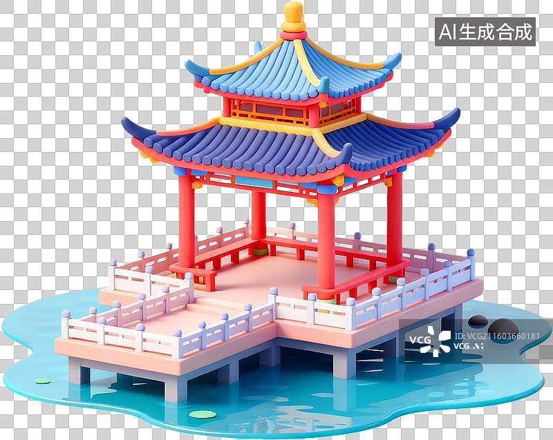 【AI数字艺术】中国古代建筑-水榭-三维卡通风格插画免抠元素图片素材