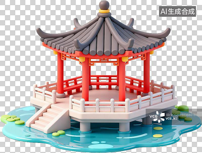 【AI数字艺术】中国古代建筑-水榭-三维卡通风格插画免抠元素图片素材