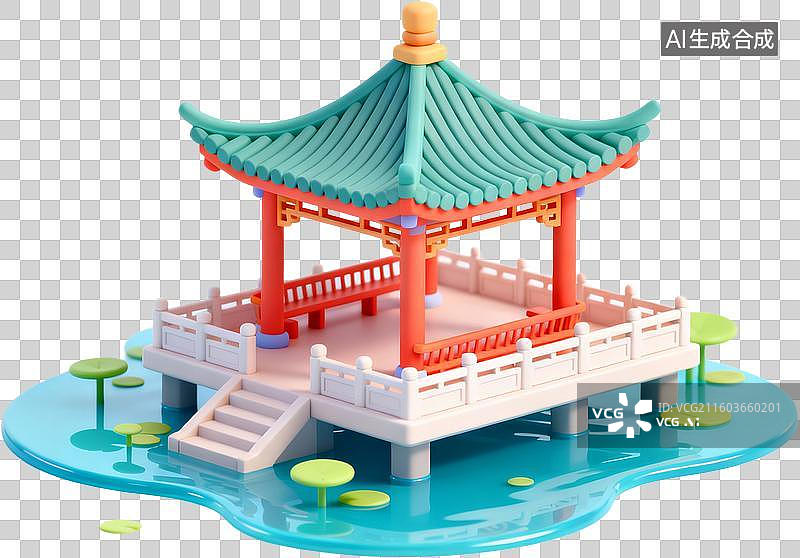 【AI数字艺术】中国古代建筑-水榭-三维卡通风格插画免抠元素图片素材