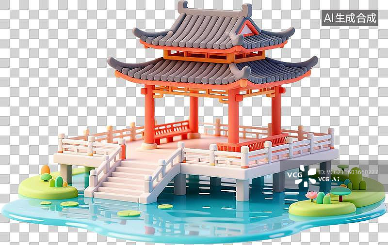 【AI数字艺术】中国古代建筑-水榭-三维卡通风格插画免抠元素图片素材