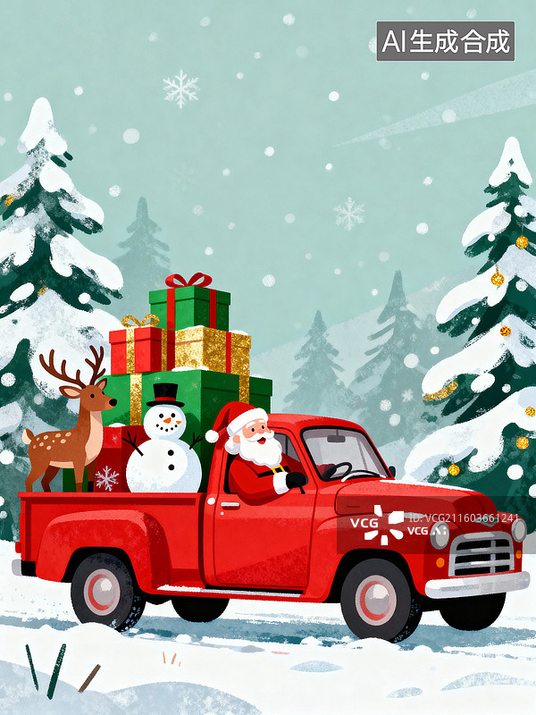 【AI数字艺术】圣诞主题插画 圣诞老人开着车运送礼物图片素材