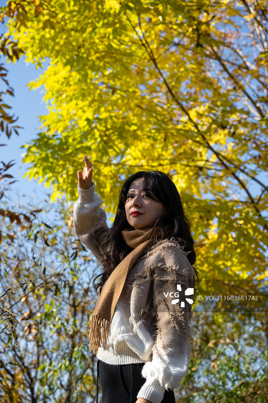 秋日树下女子指向天空图片素材