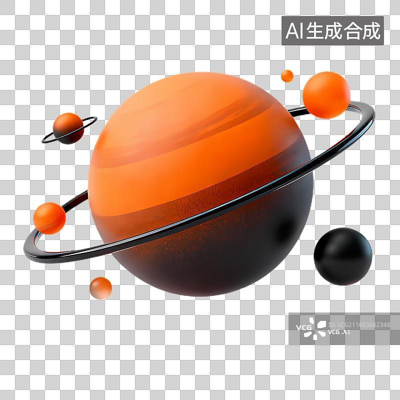 【AI数字艺术】三维渲染的橙色星球及环绕球体图片素材
