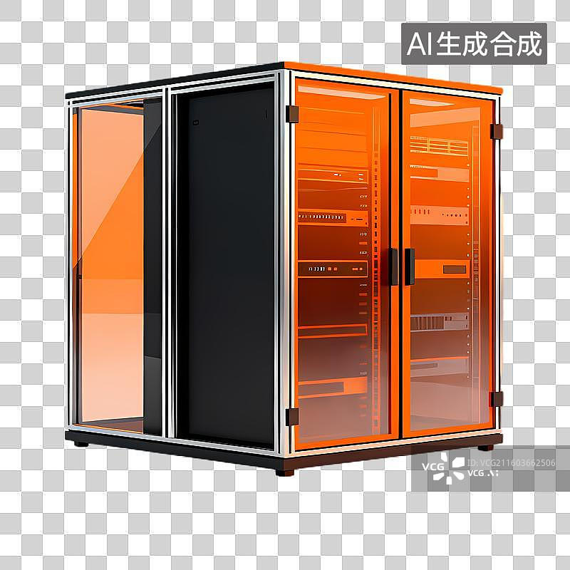 【AI数字艺术】带有橙色玻璃门的现代服务器机柜图片素材