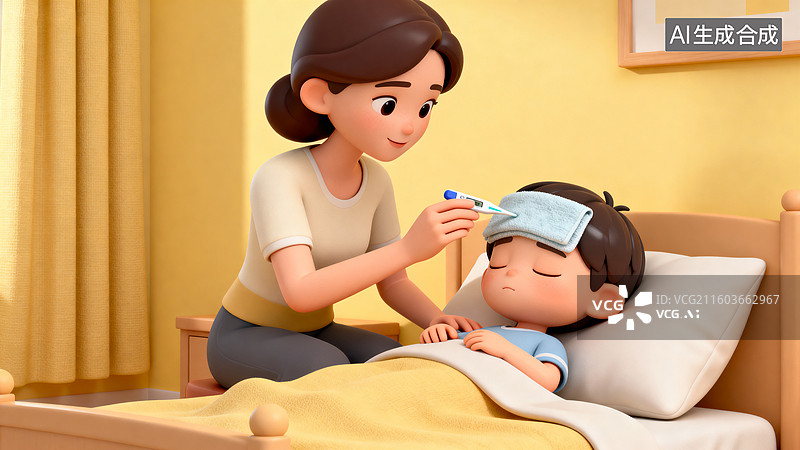 【AI数字艺术】儿童生病看病插画图片素材