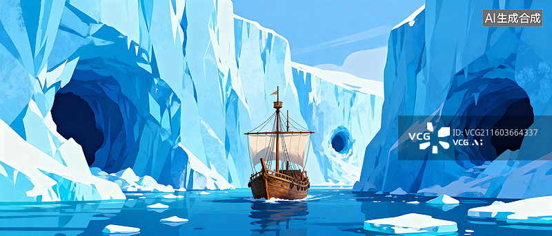 【AI数字艺术】探险木船航行到冰川海洋图片素材