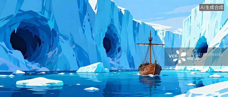 【AI数字艺术】探险木船航行到冰川海洋图片素材