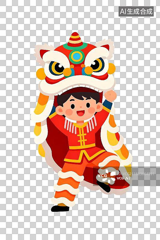 【AI数字艺术】喜庆舞狮表演 传统舞狮贺岁图   可爱小孩新春舞狮   舞狮表演 传统节庆 彩色狮子头 国潮风醒狮图片素材