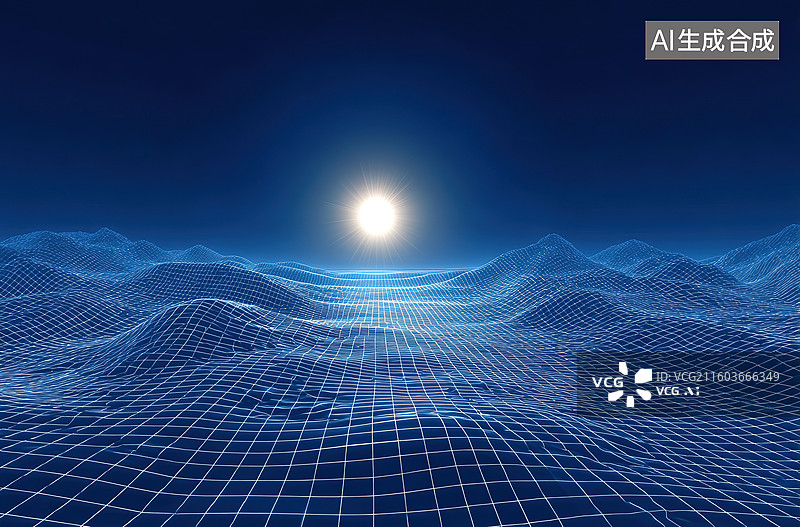 【AI数字艺术】蓝色网格波浪与光点图片素材