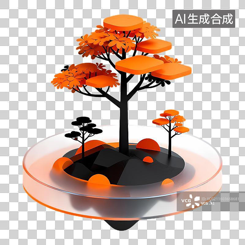 【AI数字艺术】培养皿中的3D橙色树木插画图片素材
