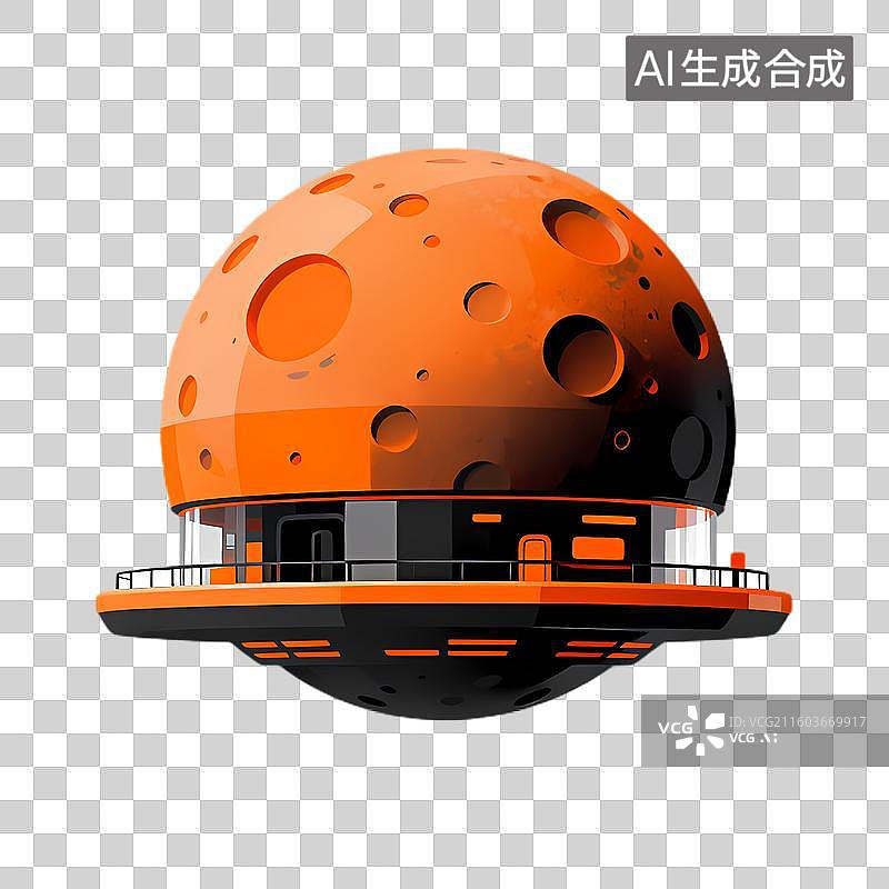 【AI数字艺术】橙色球形带陨石坑的未来建筑图片素材