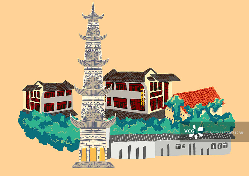 插画二维手绘风宽街子古镇（崇州）建筑古塔房子古风图片素材