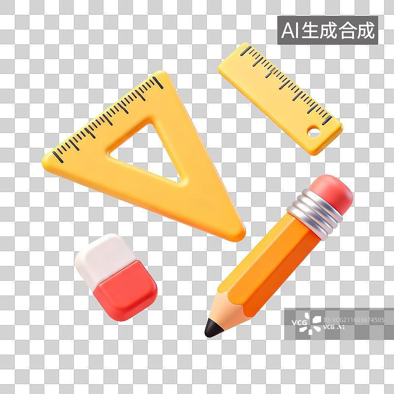 【AI数字艺术】3D卡通儿童插画风格文具元素，尺子，铅笔，橡皮，三角板，橡皮擦图片素材