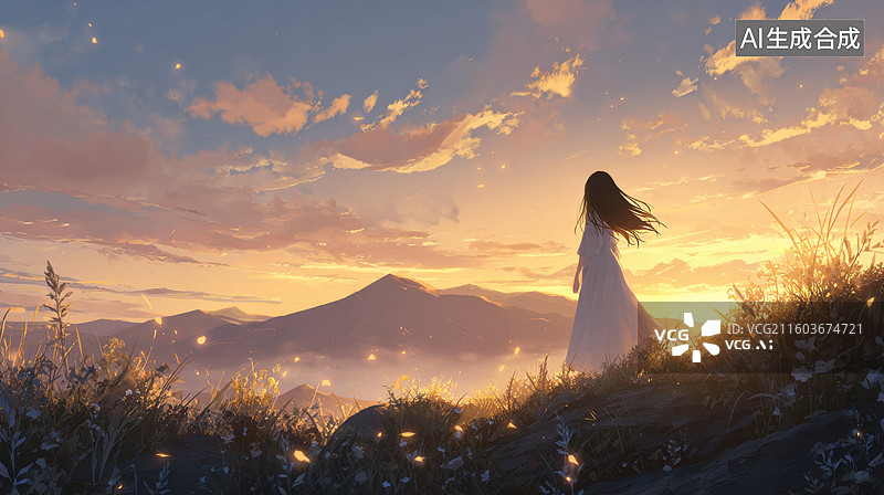 【AI数字艺术】女子伫立山丘眺望日落图片素材