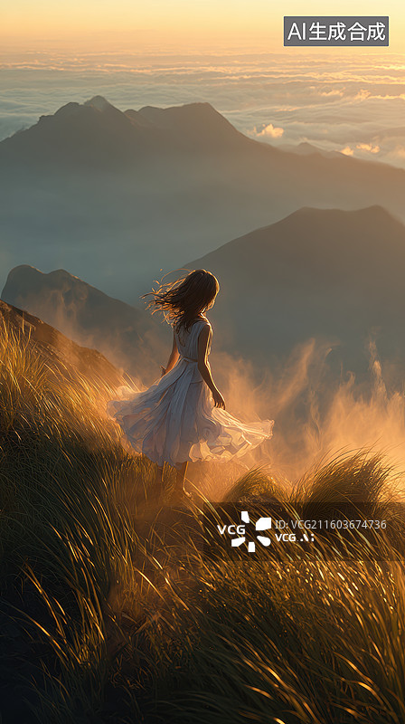 【AI数字艺术】女子伫立山巅望云海图片素材