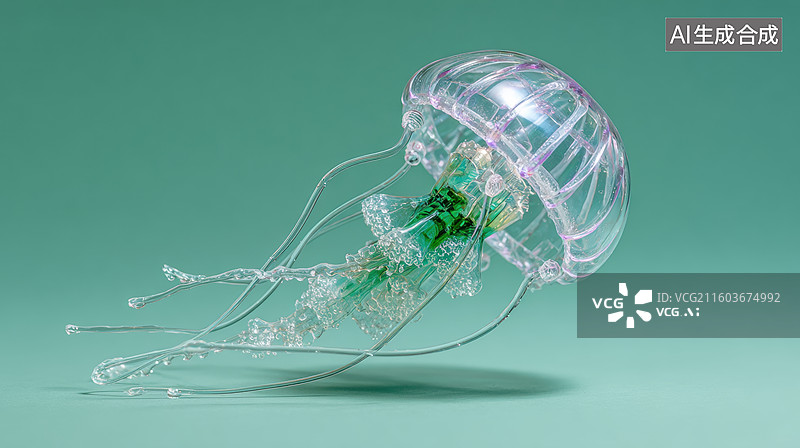 【AI数字艺术】透明水母在绿色背景中漂浮图片素材