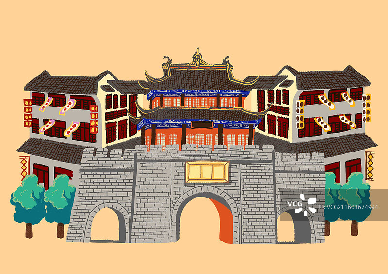 插画二维手绘风灌县古城（都江堰）古代建筑建筑群古风图片素材