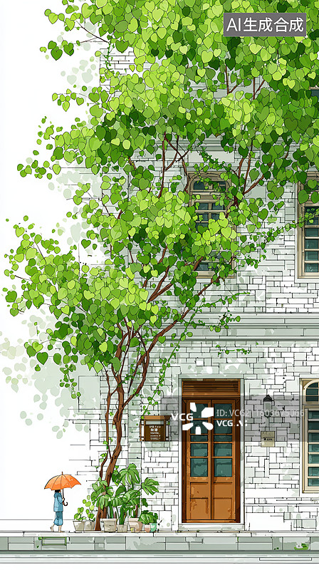 【AI数字艺术】绿树掩映的石砌房屋图片素材