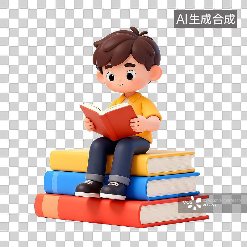 【AI数字艺术】坐在一摞书上看书的3D卡通男孩儿童，世界读书日图片素材