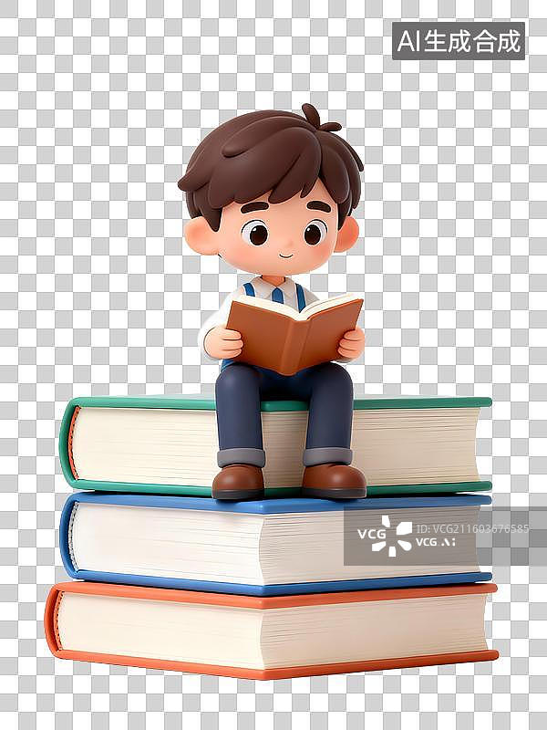 【AI数字艺术】坐在一摞书上看书的3D卡通男孩儿童，世界读书日图片素材
