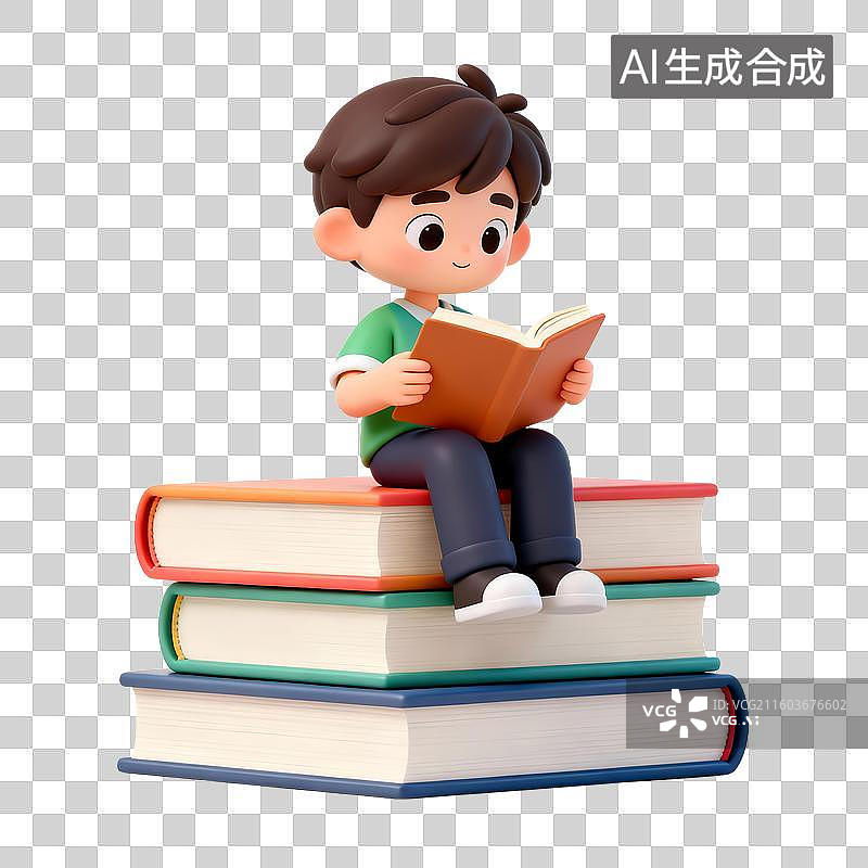 【AI数字艺术】坐在一摞书上看书的3D卡通男孩儿童，世界读书日图片素材