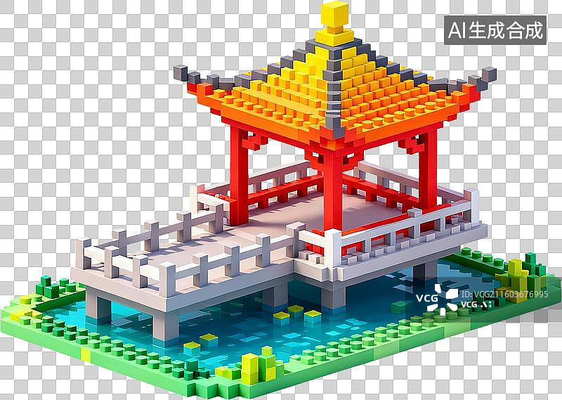 【AI数字艺术】中国古代建筑-水榭-三维卡通像素插画免抠元素图片素材