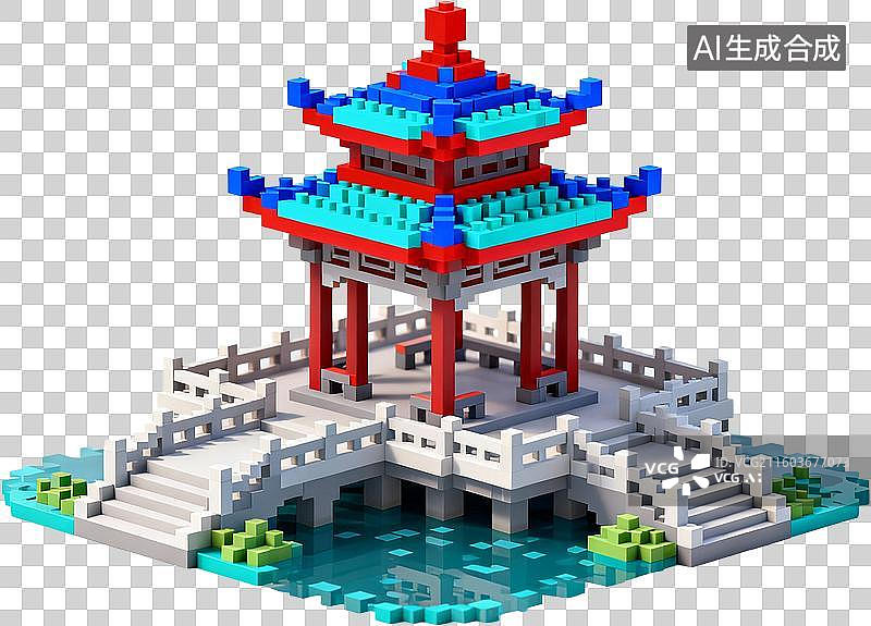 【AI数字艺术】中国古代建筑-水榭-三维卡通像素插画免抠元素图片素材