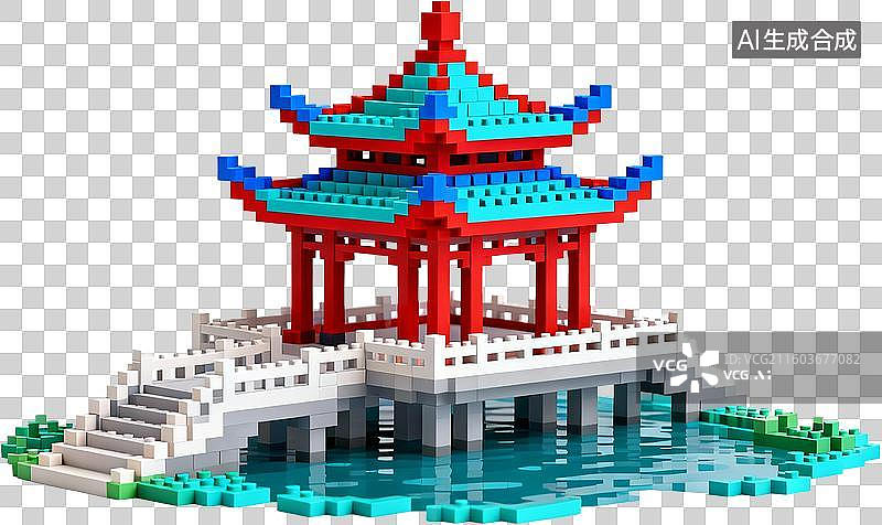 【AI数字艺术】中国古代建筑-水榭-三维卡通像素插画免抠元素图片素材