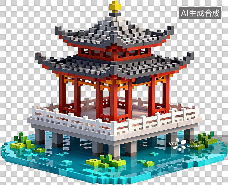 【AI数字艺术】中国古代建筑-水榭-三维卡通像素插画免抠元素图片素材