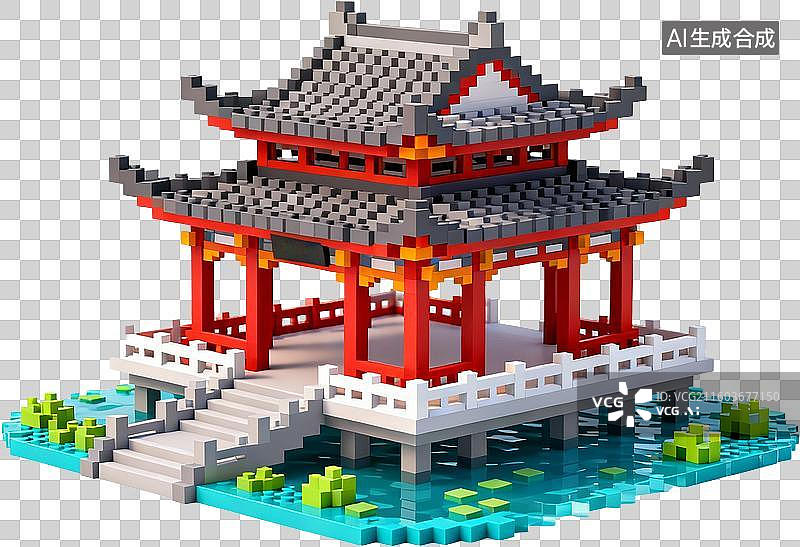 【AI数字艺术】中国古代建筑-水榭-三维卡通像素插画免抠元素图片素材