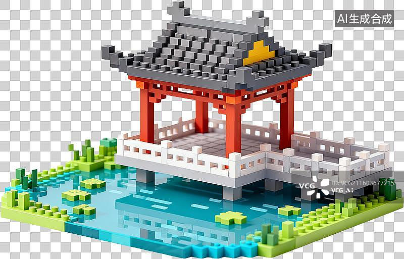 【AI数字艺术】中国古代建筑-水榭-三维卡通像素插画免抠元素图片素材