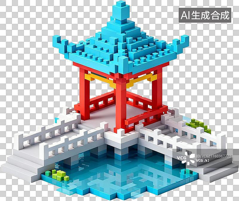 【AI数字艺术】中国古代建筑-水榭-三维卡通像素插画免抠元素图片素材