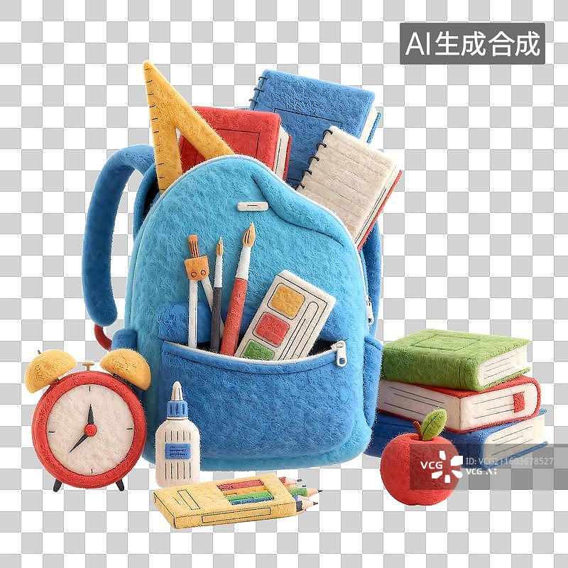 【AI数字艺术】3D教育题材打开的学生书包书包，教科书，闹钟，画笔，元素图片素材